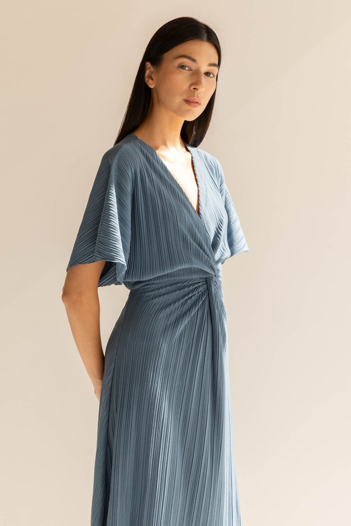 FRONT KNOT PLEATED MIDI DRESS in Bluefin — alternate angle