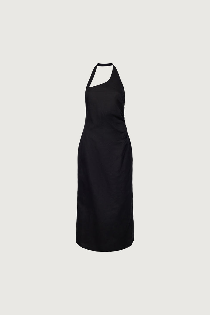 LINEN BLEND ASYMMETRIC HALTER MAXI DRESS in Black — alternate angle