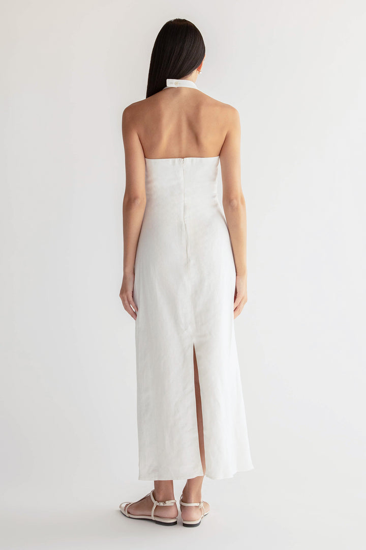 LINEN BLEND ASYMMETRIC HALTER MAXI DRESS in Cream — alternate angle