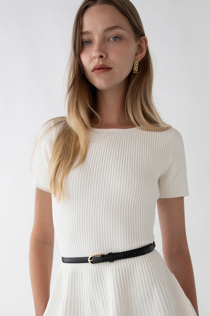 RIBBED SHORT SLEEVE MINI DRESS in Cream — alternate angle