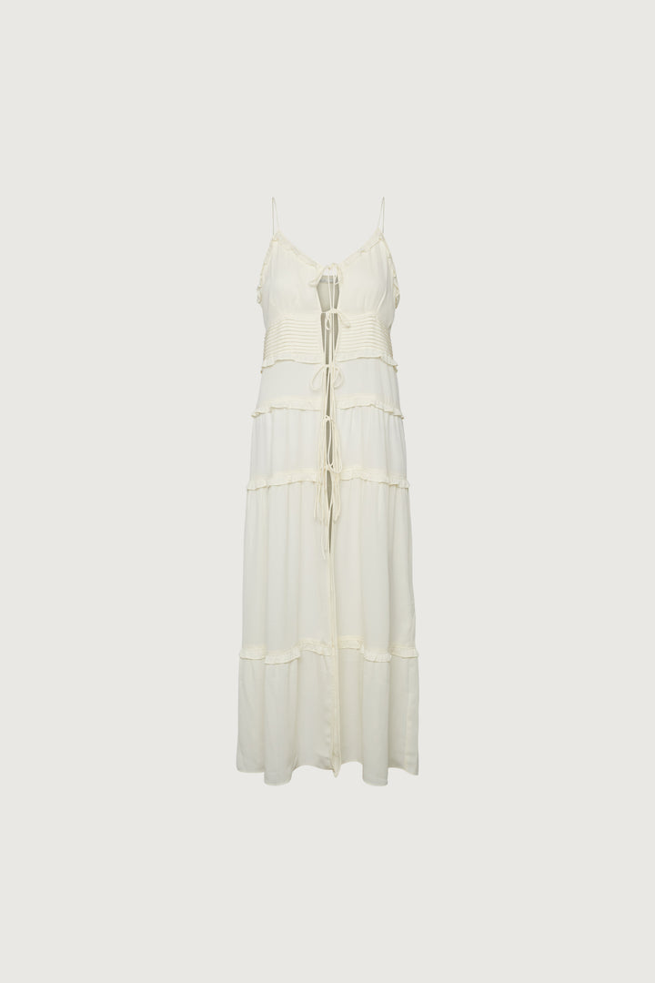 SHEER TIE-FRONT TIERED MIDI DRESS in Cream — alternate angle