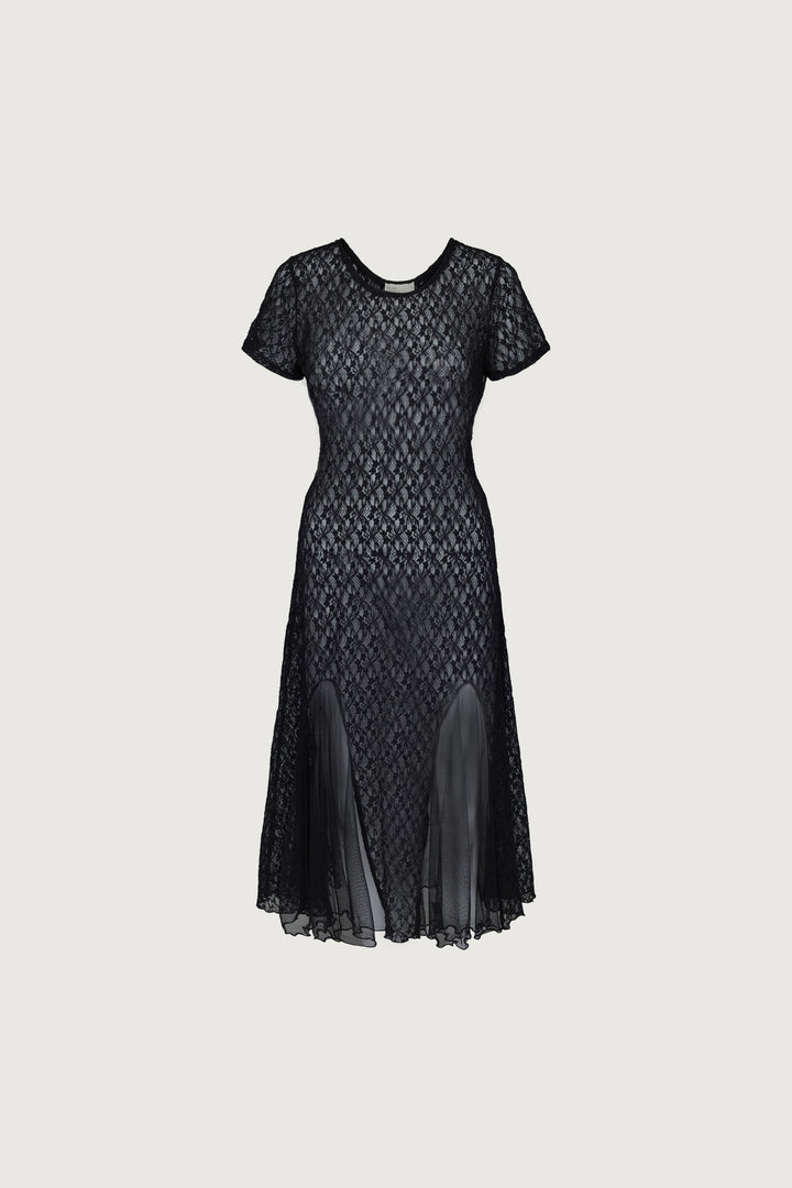 LACE SHORT SLEEVE MIDI DRESS in Black — alternate angle