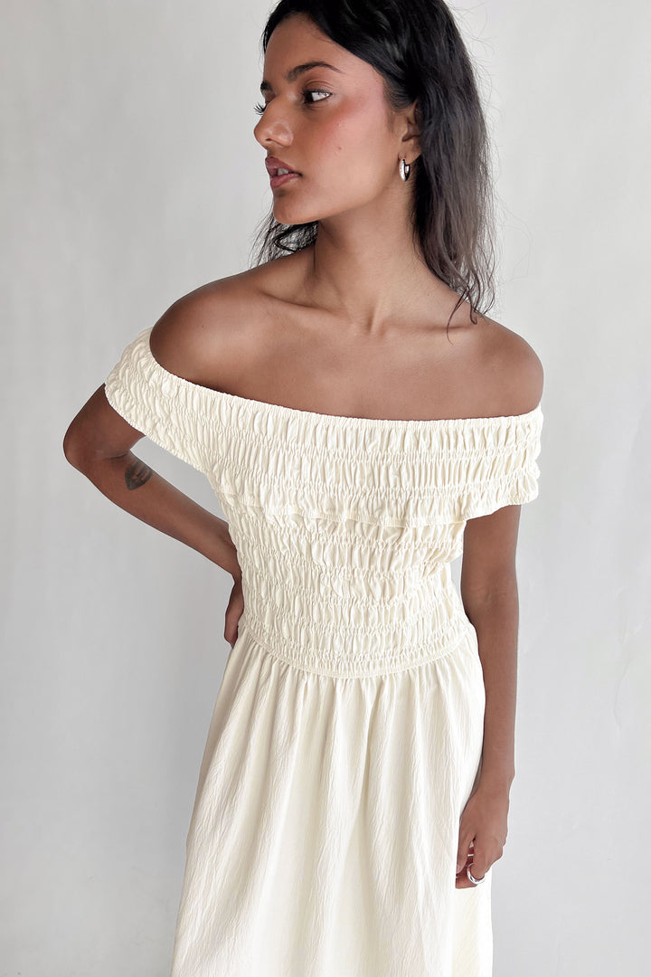 OFF-SHOULDER SMOCKED MIDI DRESS in Ivory — alternate angle