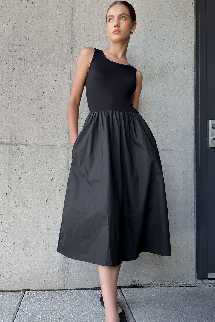 MIXED MATERIAL MIDI DRESS in Black — alternate angle