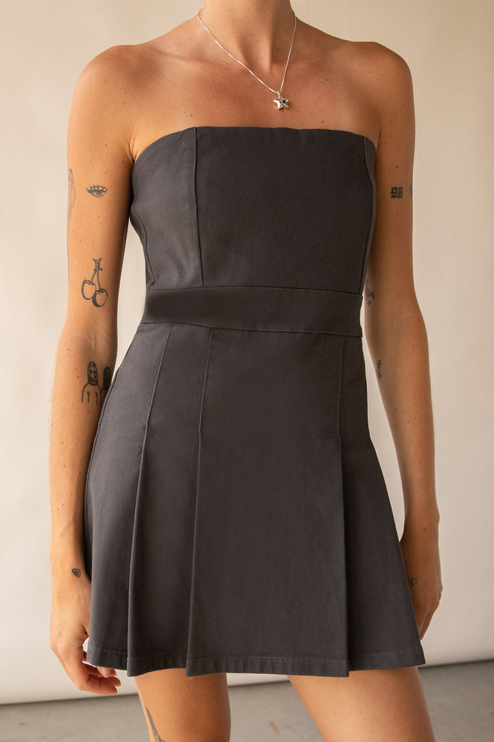 TWILL TUBE PLEATED MINI DRESS in ASPHALT — alternate angle