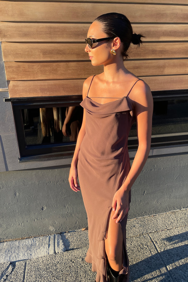 RUFFLED TRIM DRESS in Dark Cocoa — alternate angle