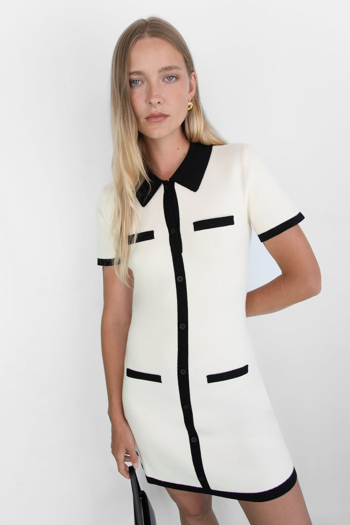 COLLARED CONTRAST TRIM KNIT MINI DRESS in Black Cream — alternate angle