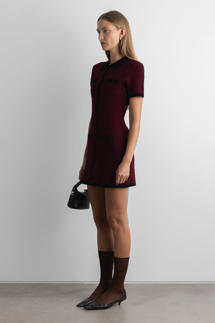 COLLARED CONTRAST TRIM KNIT MINI DRESS in Wine Black — alternate angle