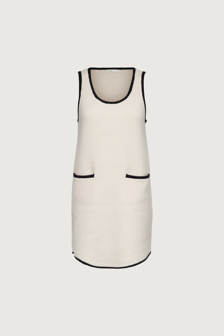 CONTRAST TRIM SLEEVELESS KNIT MINI DRESS in Cream Black — alternate angle