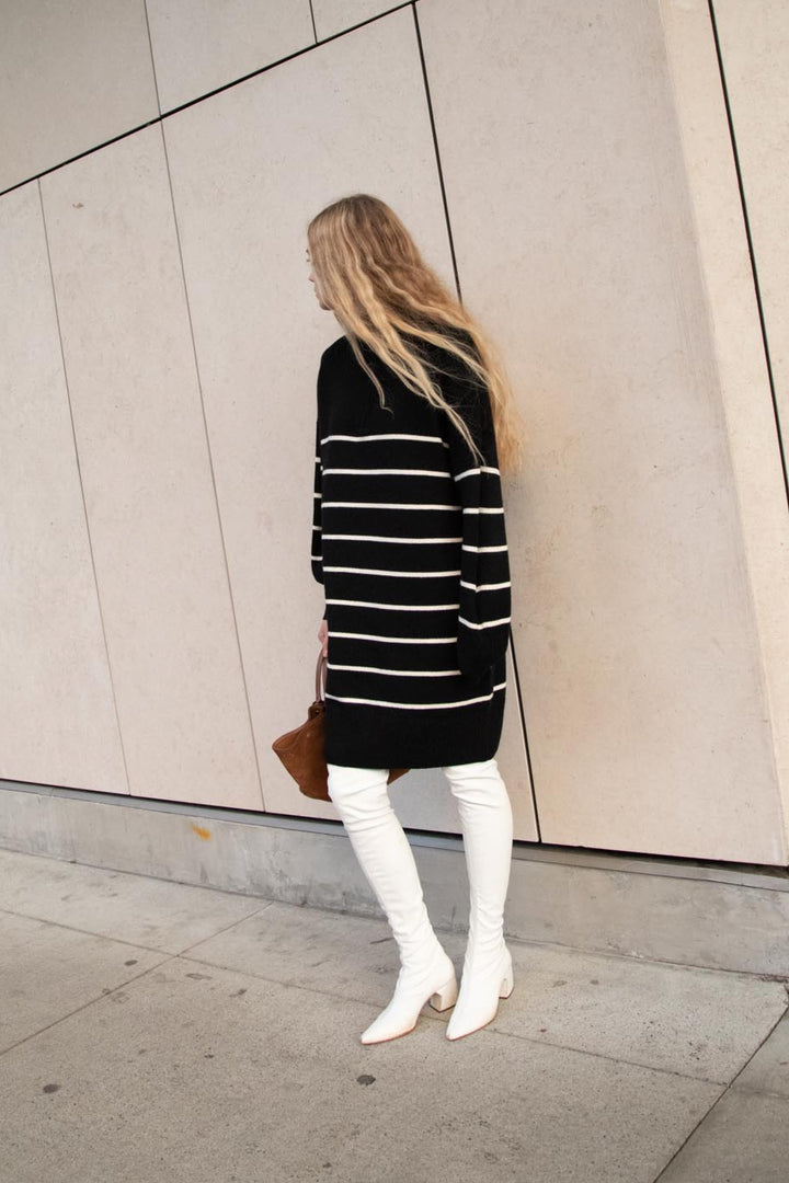 STRIPED HALF-ZIP KNIT DRESS in BLACK OATMEAL — alternate angle