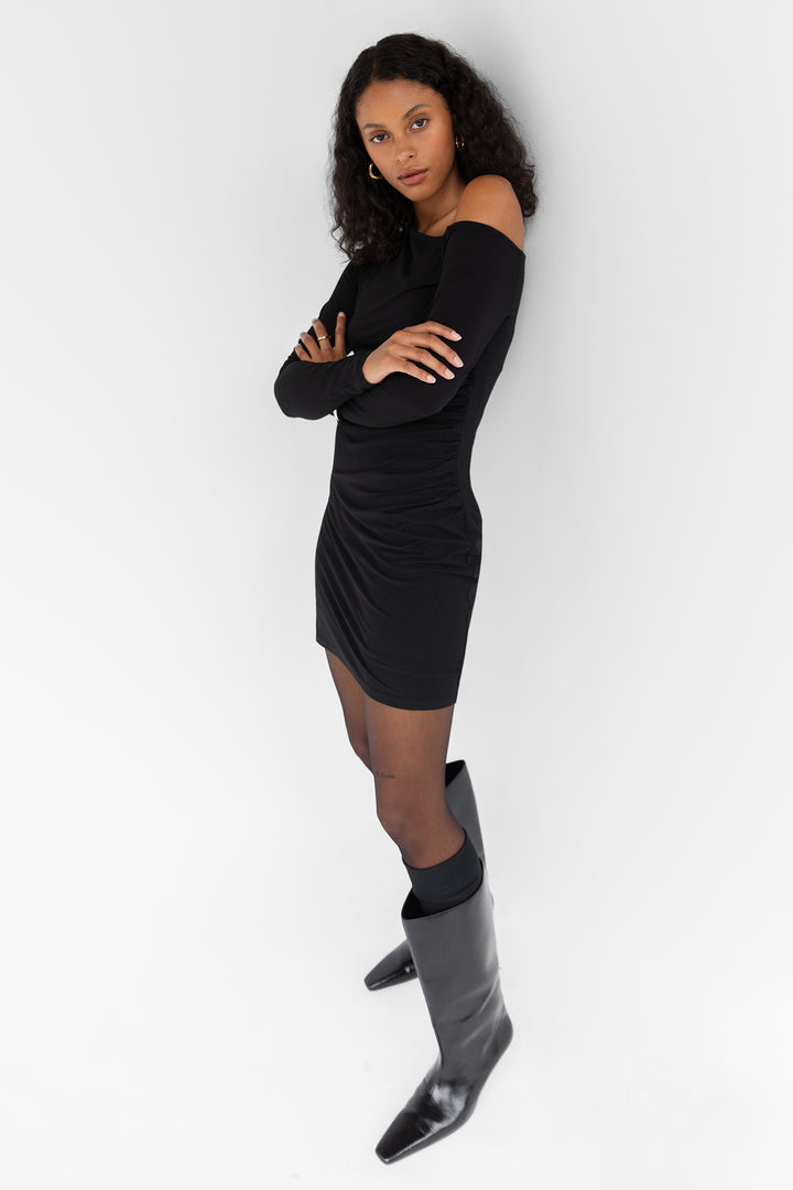 OFF SHOULDER LONG SLEEVE MINI DRESS in Black — alternate angle