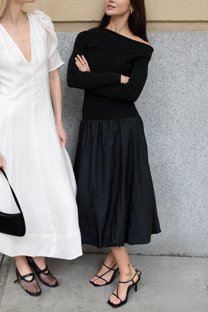LONG SLEEVE OFF THE SHOULDER BUBBLE HEM MIDI DRESS in Black — alternate angle