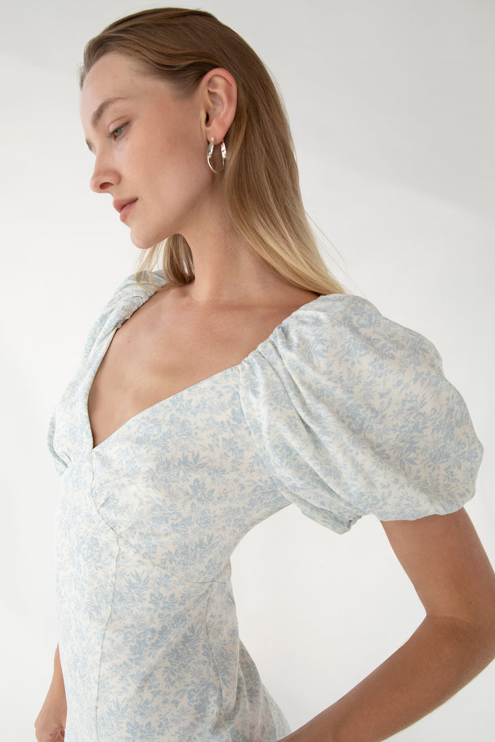 PUFF SLEEVE FLORAL MIDI DRESS in Ballad Blue Floral — alternate angle