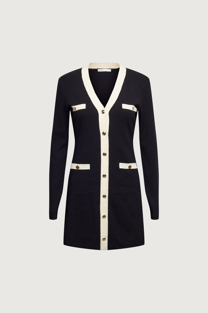 CONTRAST TRIM BUTTON FRONT KNIT MINI DRESS in Cream Black — alternate angle