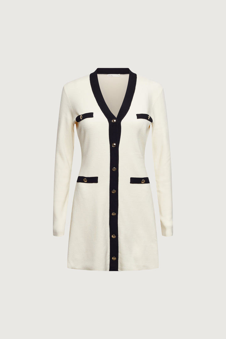 CONTRAST TRIM BUTTON FRONT KNIT MINI DRESS in Cream Black — alternate angle