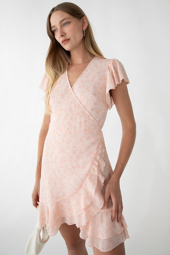 FLORAL WRAP MINI DRESS WITH RUFFLED HEM in Light Rose Floral — alternate angle