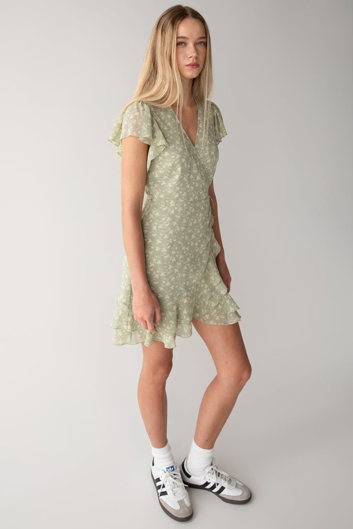 FLORAL WRAP MINI DRESS WITH RUFFLED HEM in Tea Flan Floral — alternate angle