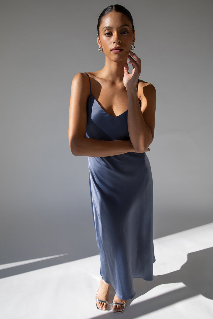 SATIN V-NECK MIDI DRESS