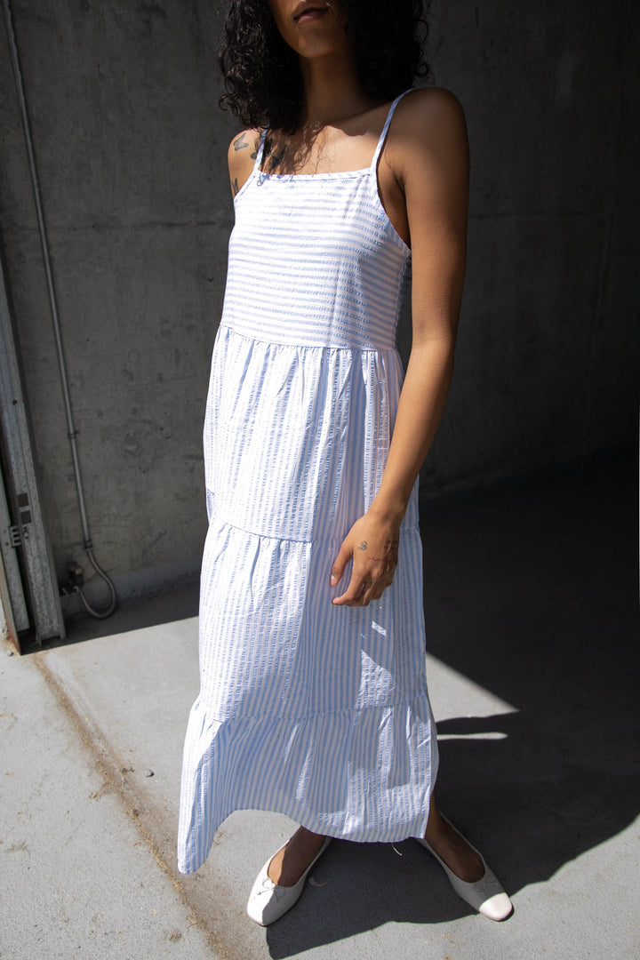 STRIPED TIERED MIDI DRESS in Blue Stripe — alternate angle