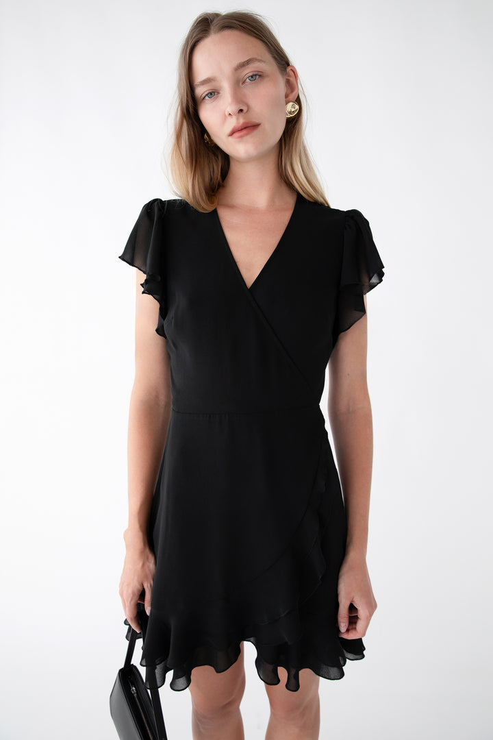 WRAP MINI DRESS WITH RUFFLED HEM in Black — alternate angle
