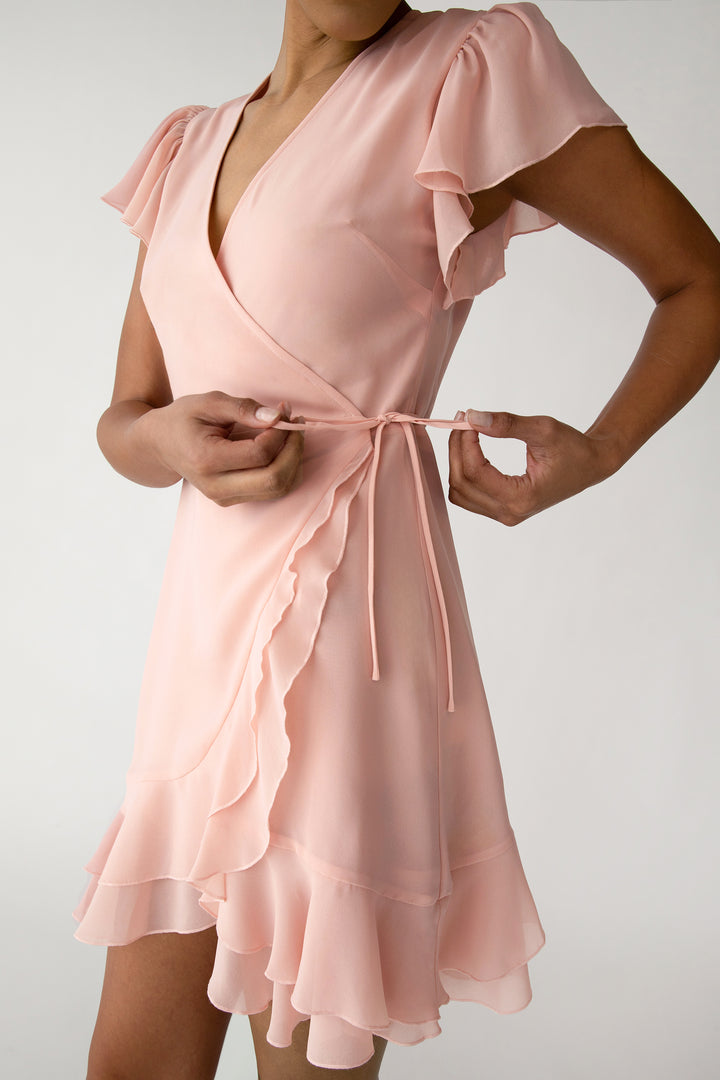 WRAP MINI DRESS WITH RUFFLED HEM in Evening Sand — alternate angle