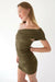 Off the shoulder ruched mini dress in dark olive — main image