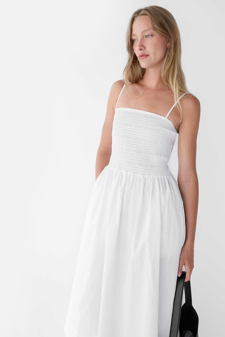 SMOCKED POPLIN MIDI DRESS in White — alternate angle