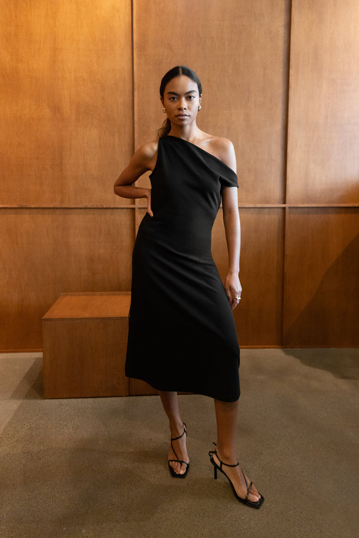 ASYMMETRIC ONE SHOULDER KNIT DRESS in Black — alternate angle