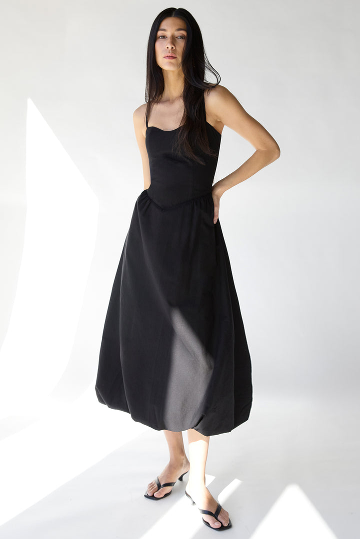 COTTON POPLIN V-WAIST BUBBLE HEM MIDI DRESS in Black — alternate angle