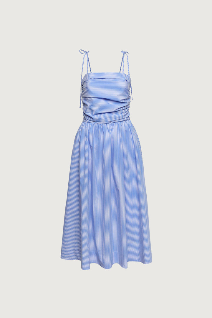 COTTON POPLIN SQUARE NECK MIDI DRESS in Azurine Blue Stripe — alternate angle