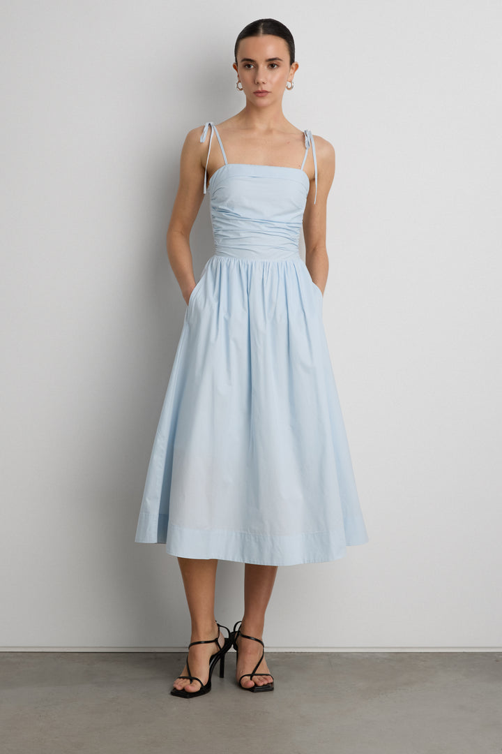 COTTON POPLIN SQUARE NECK MIDI DRESS in Ballad Blue — alternate angle