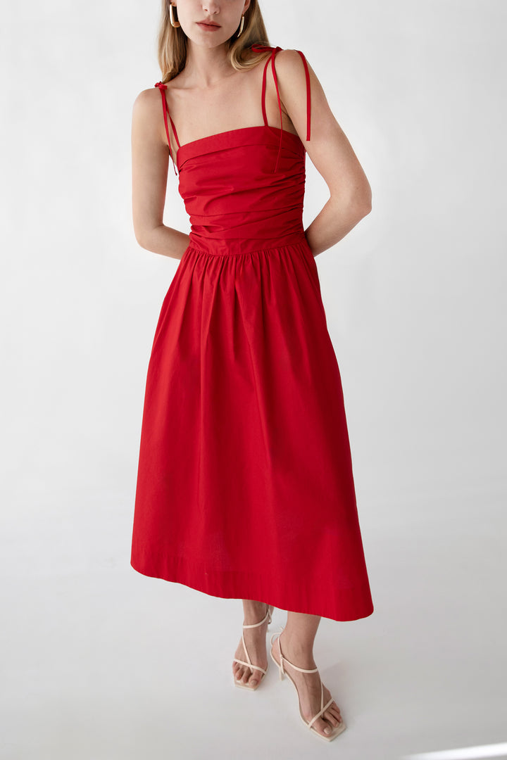 COTTON POPLIN SQUARE NECK MIDI DRESS in Crimson — alternate angle