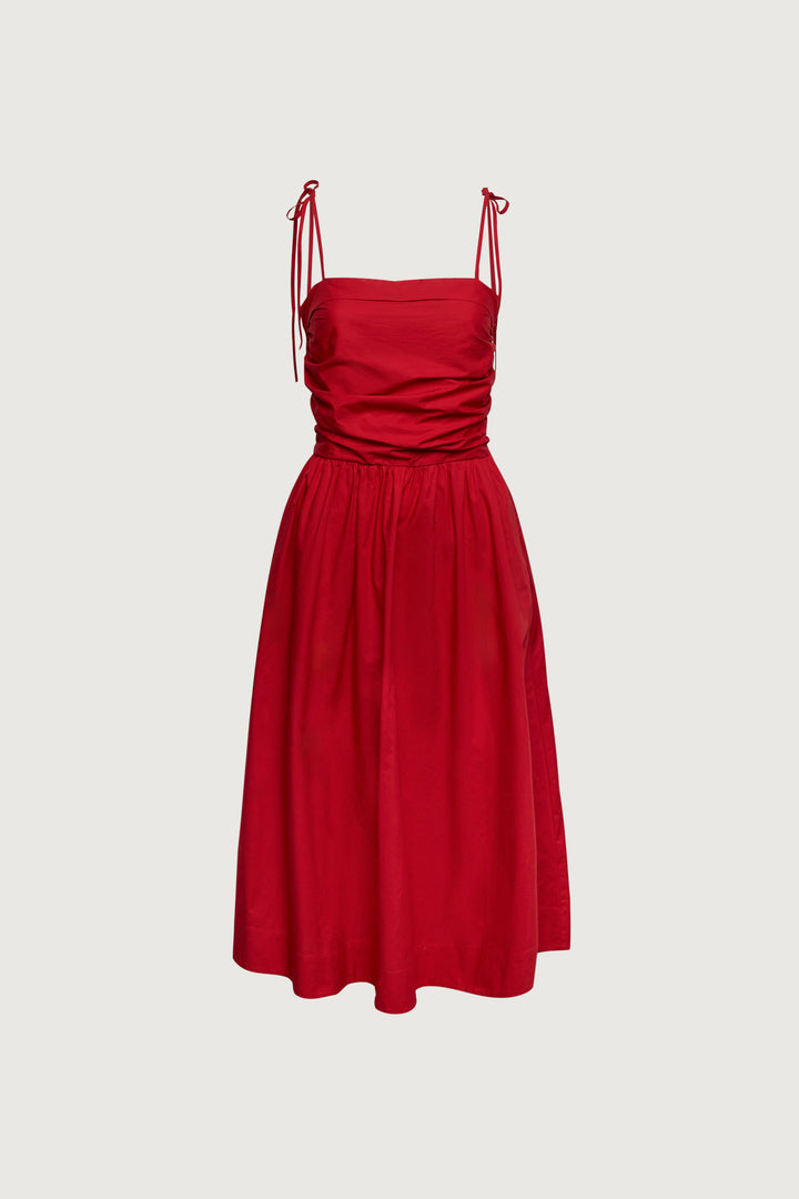 COTTON POPLIN SQUARE NECK MIDI DRESS in Crimson — alternate angle
