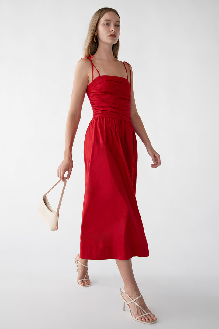 COTTON POPLIN SQUARE NECK MIDI DRESS in Crimson — alternate angle