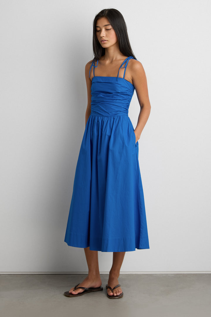COTTON POPLIN SQUARE NECK MIDI DRESS