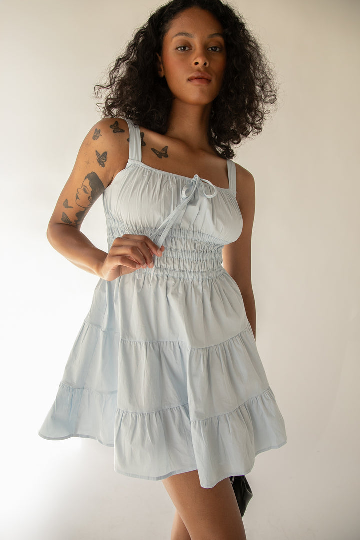 RUCHED MINI TIERED DRESS in Sky Blue — alternate angle