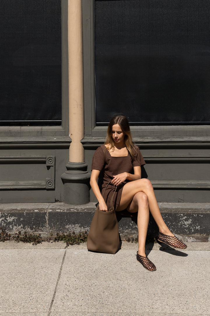LINEN BLEND MINI DRESS in Espresso Coffee — alternate angle