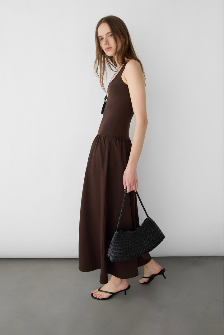 CONTRAST FABRIC SLEEVELESS MAXI DRESS in Coffee Bean — alternate angle