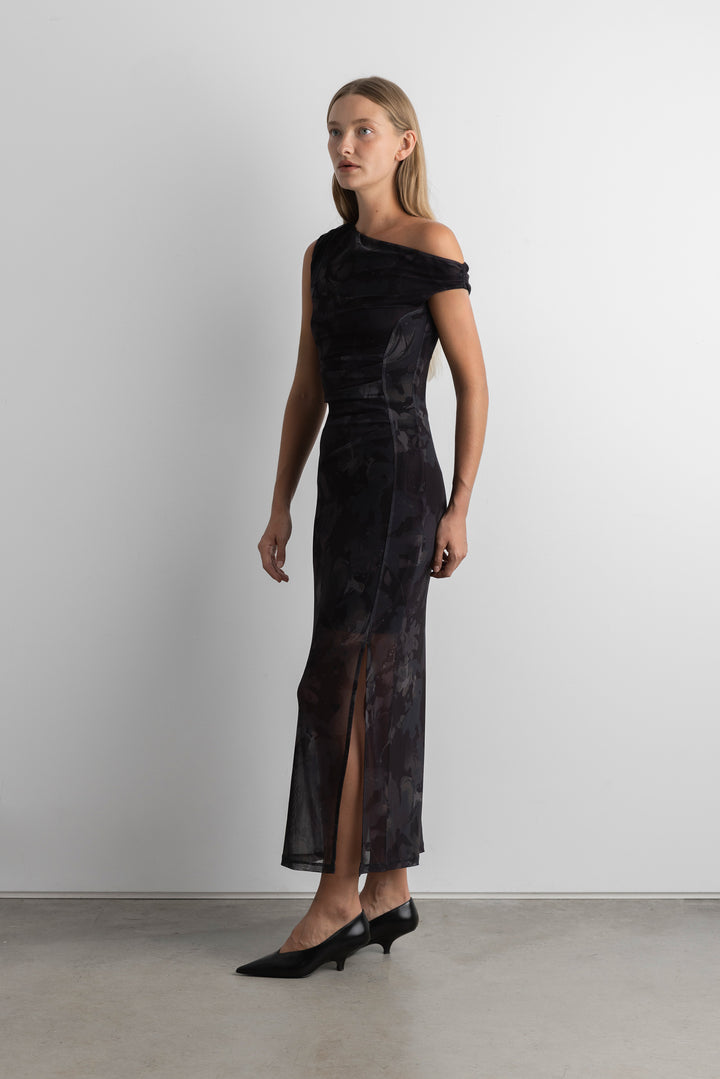 FLORAL PRINT OFF SHOULDER MIDI DRESS in Black Floral — alternate angle