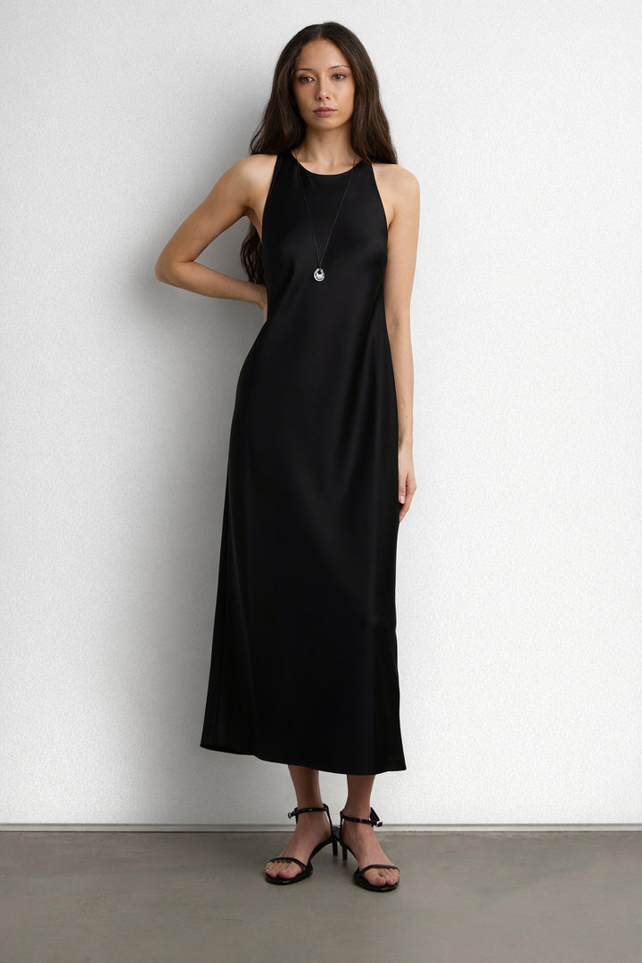 SLEEVELESS MIDI SATIN DRESS in Black — alternate angle