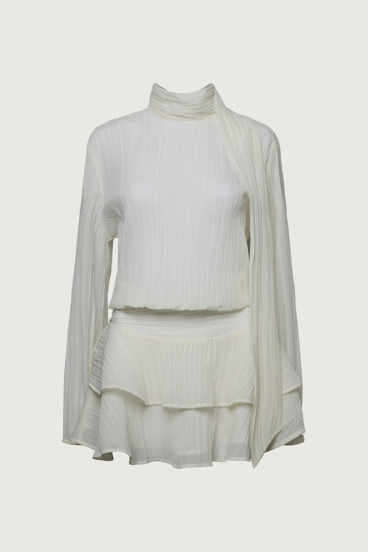 MOCKNECK LONG SLEEVE SHEER RUFFLED MINI DRESS in Cream — alternate angle