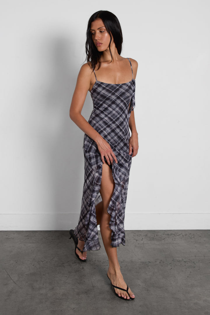 PLAID TIE-NECK SLIP DRESS in Black Plaid — alternate angle