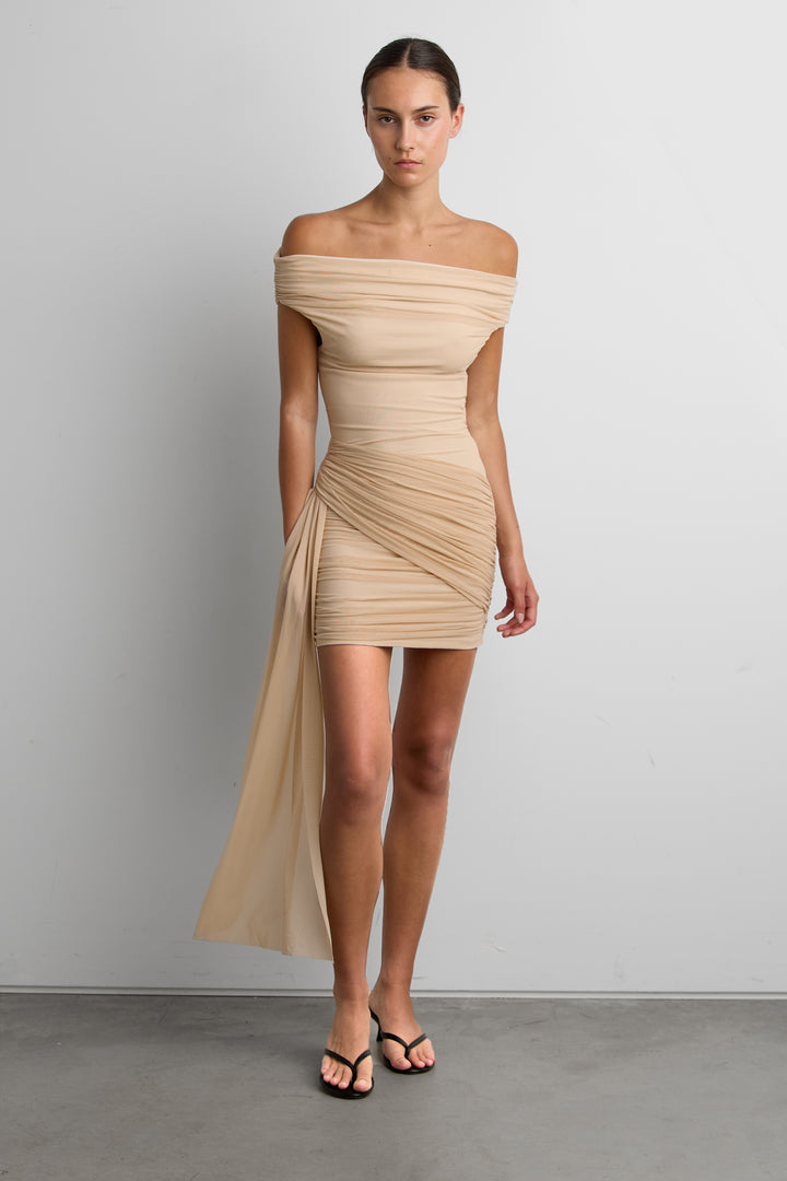 MESH OFF-SHOULDER DRAPED MINI DRESS in Beige — alternate angle