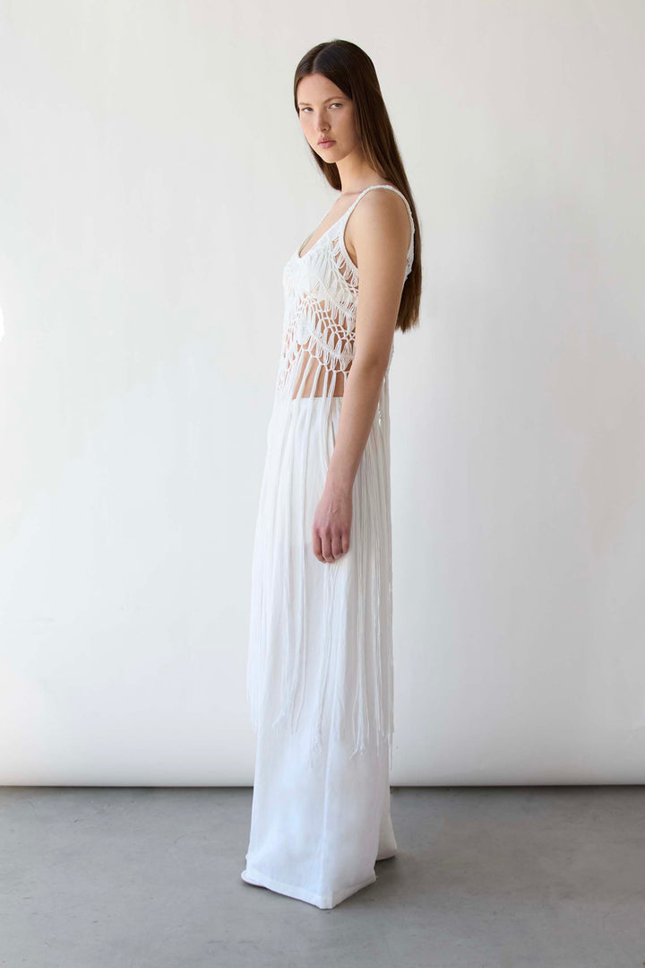 MACRAME DRESS WITH LONG TASSEL OVERLAY DETAIL in White — alternate angle