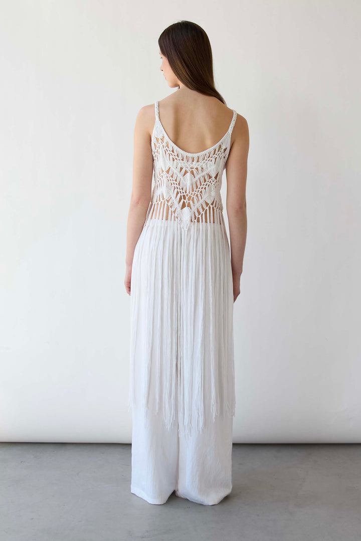 MACRAME DRESS WITH LONG TASSEL OVERLAY DETAIL in White — alternate angle