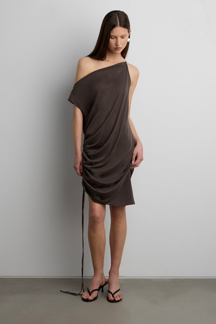 MIDI DRESS WITH ADJUSTABLE SIDE RUCHED DETAIL in Charcoal — alternate angle