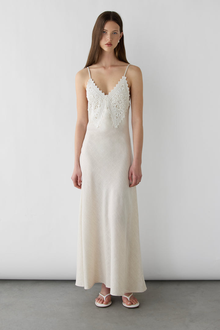 EMBROIDERED LACE SATIN SLIP DRESS in Champagne — alternate angle