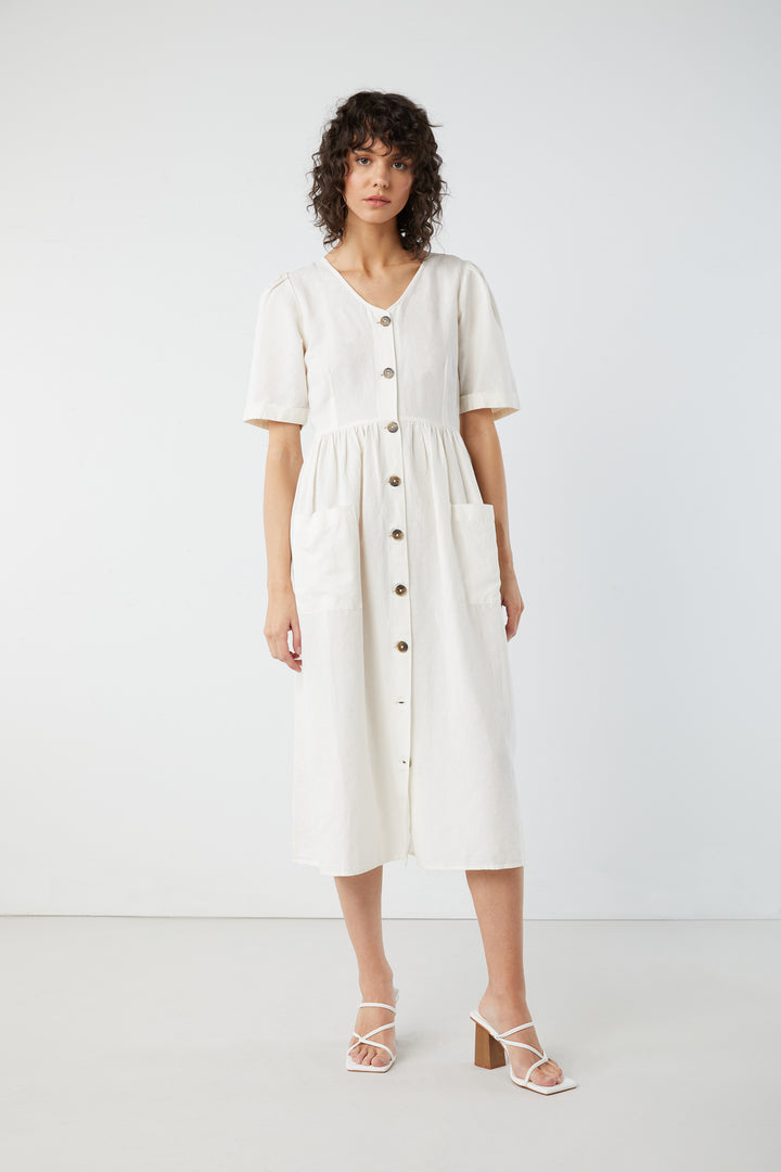 BUTTON UP MIDI DRESS in White — alternate angle