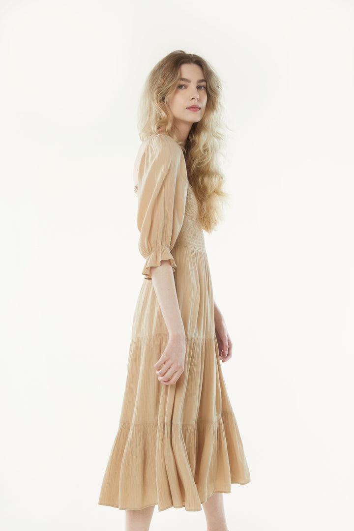 SMOCKED MIDI DRESS in Beige — alternate angle