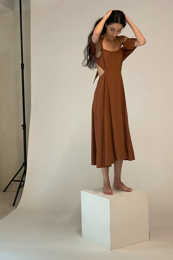 OFF SHOULDER MIDI DRESS in Tobacco — alternate angle